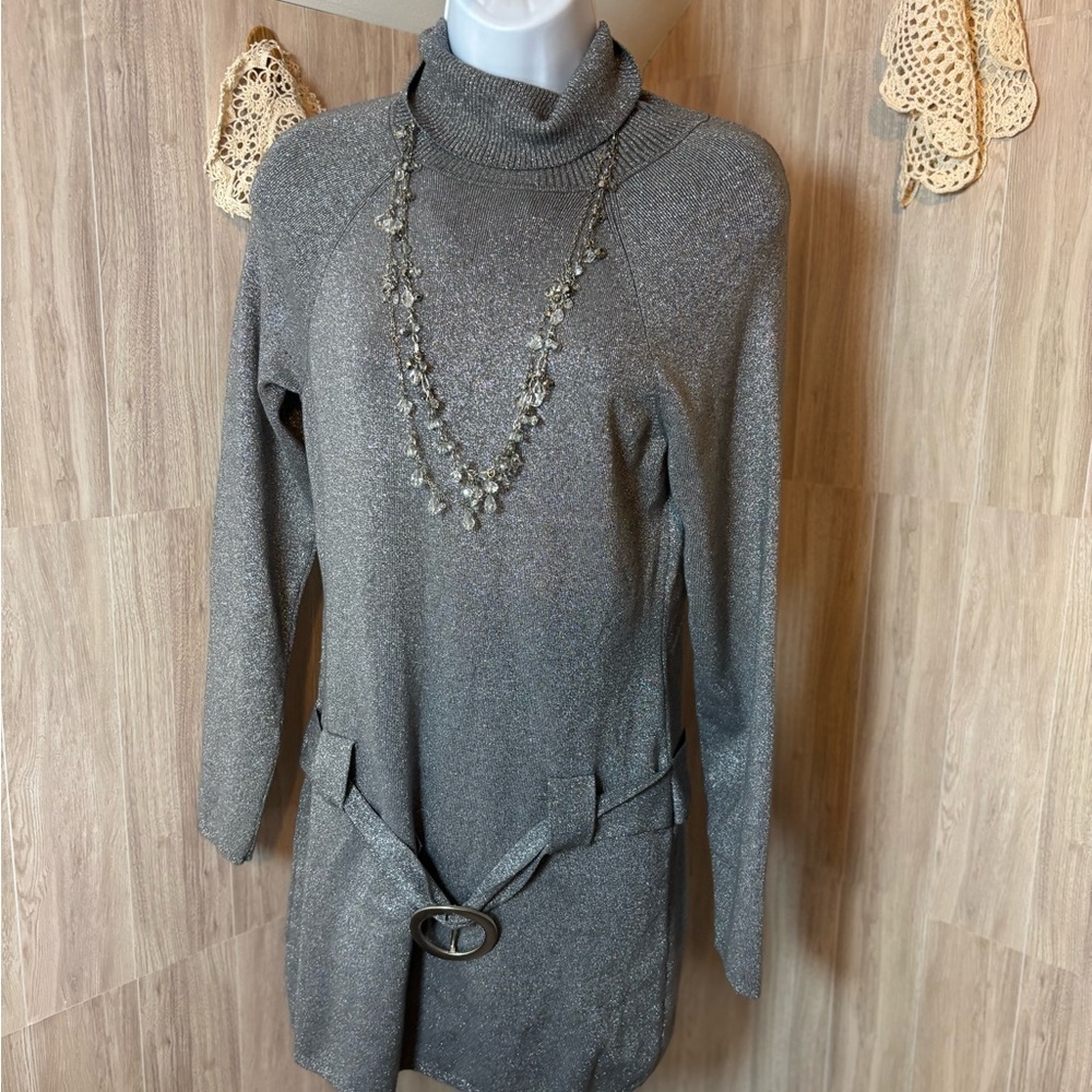 INC International Concepts Metallic Silver Gray Mini Sweater Dress 60s 70s